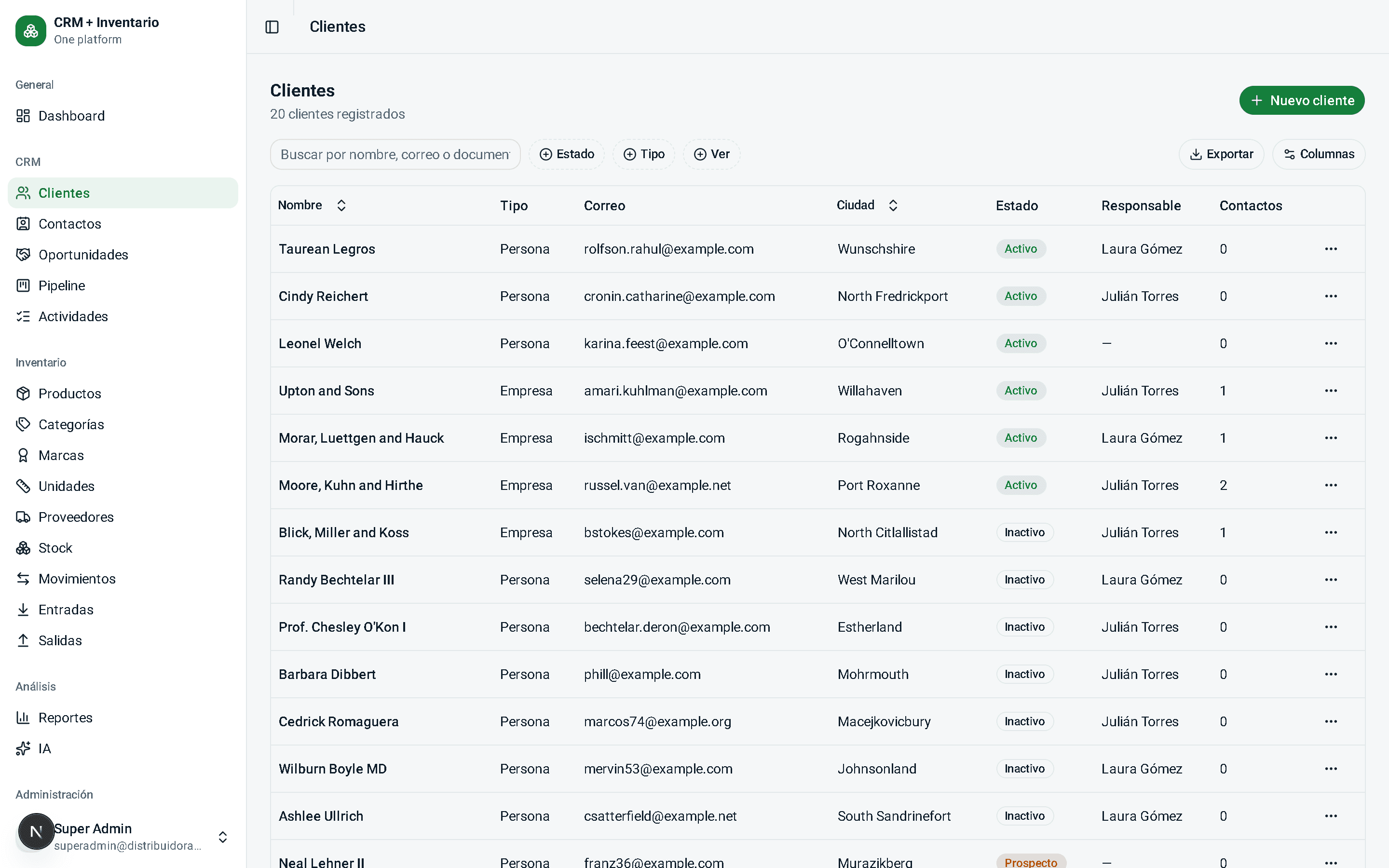Listado de clientes con filtros y exportación